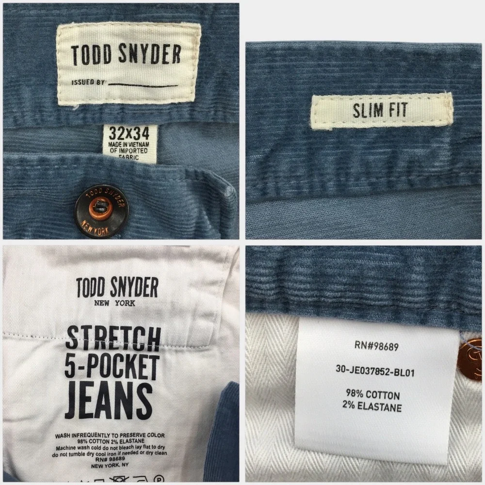 Todd Snyder Slim Fit Stretch Corduroy 5-Pocket Jeans Blue Teal Mens 32x34